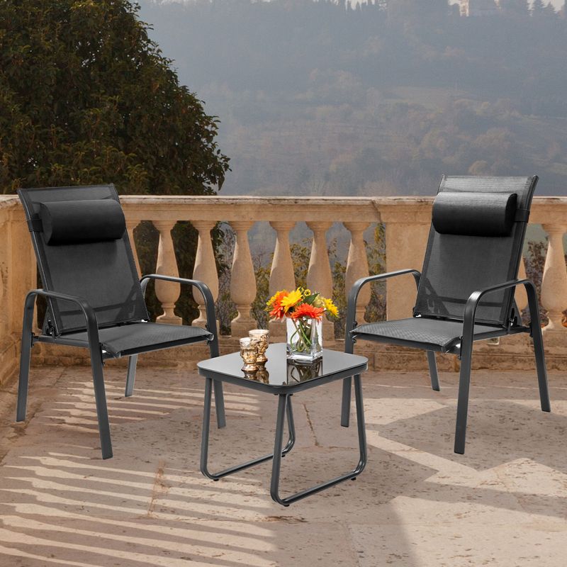 Tangkula 3PCS Patio Adjustable Back Stackable Chairs Side Table Set Bistro Set Classic Furniture Chair Set for Garden Black/Brown/Grey, 3 of 10