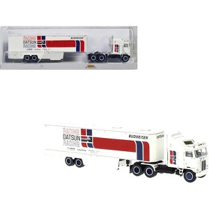 1980 Kenworth K-100 COE Aerodyne Transporter White "Datsun Racing" 1/87 (HO) Scale Model Car by Brekina - 1 of 3