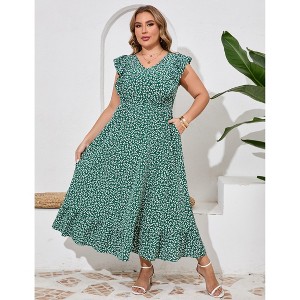 Women's Plus Size Summer Dress with Pocket Ruffle Cap Sleeveless V Neck Side Split Long Beach Maxi Dress - 1 of 4