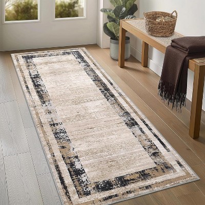 Washable Area Rug – Modern Minimalist Distressed Non-Slip Low Pile Stain-Resistant Floor Carpet for Living Room, Bedroom, Dining