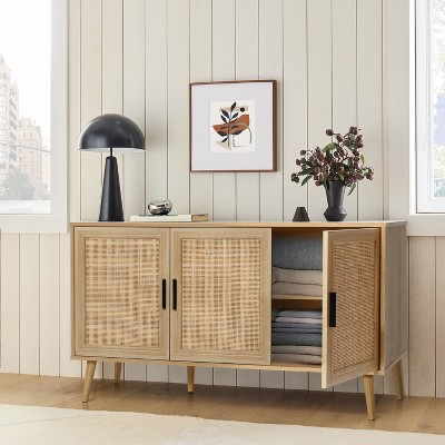 Light Oak 3-Door Rattan and Wood Sideboard Cabinet
