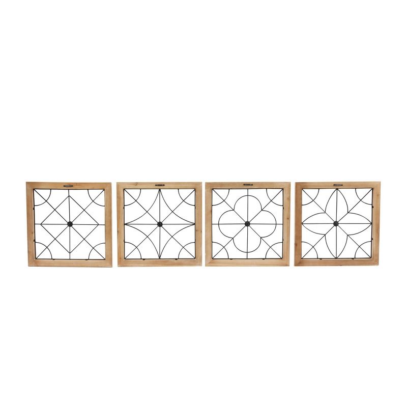 Set of 4 Wood Geometric Carved Beading Wall Decors with Metal Wire Brown - Olivia &#38; May, 3 of 6