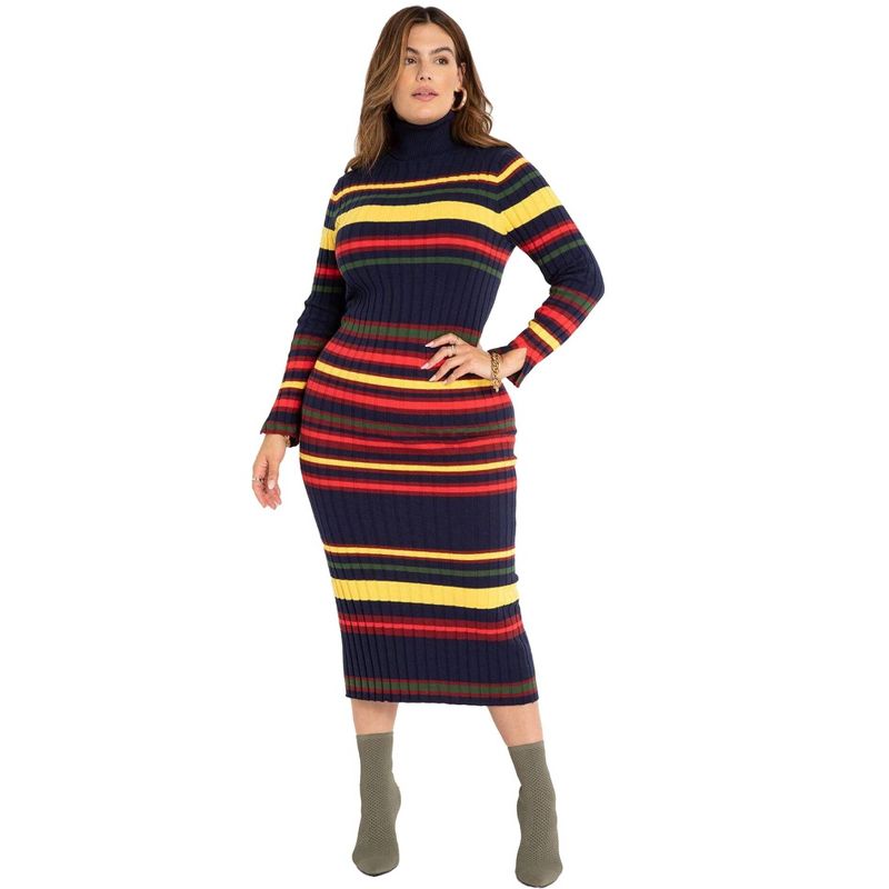 ELOQUII Women's Plus Size Striped Turtleneck Sweater Dress, 1 of 2