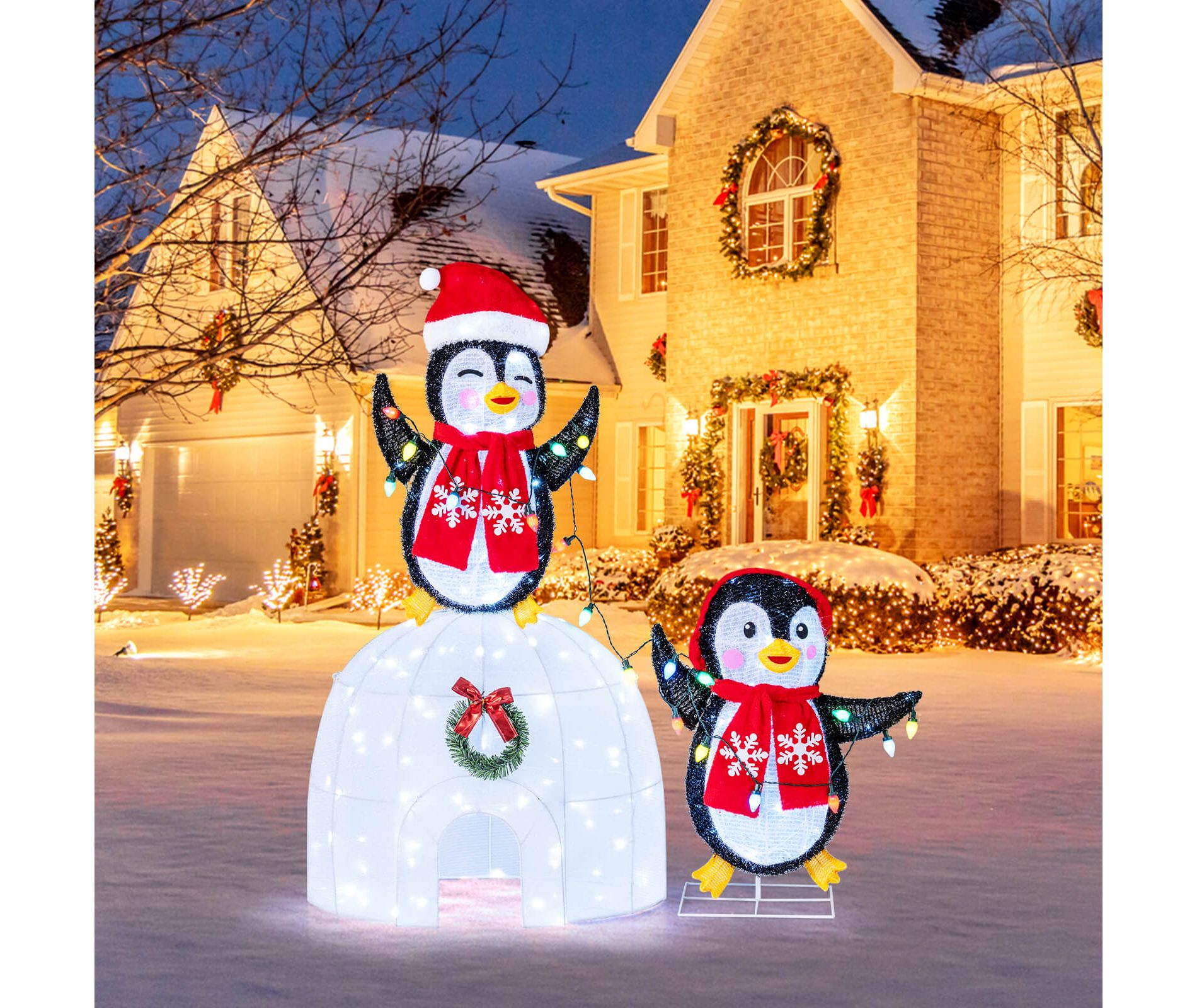 Costway Lighted Christmas Decoration Penguins Igloo 170 White LED Lights for Home Lawn