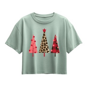 Girls' - Instant Message - Leopard Print Christmas Trees Short Sleeve Boxy Graphic T-Shirt - 1 of 2