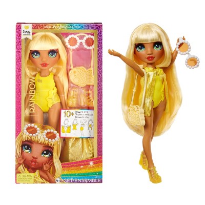 Rainbow High Swim & Style Sunny  11'' Doll with Shimmery Wrap to Style 10+ Ways, Removable Swimsuit, Sandals, Accessories Yellow
