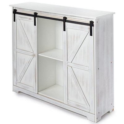 White Distressed Barn Door-Style Buffet Cabinet with Shelves