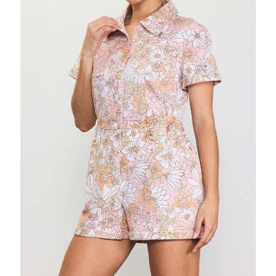 Women's Retro Floral Collared Romper - SKIES ARE BLUE