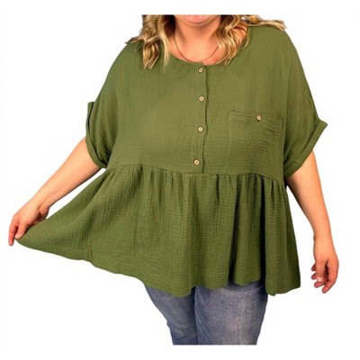 Women's Half Button Down Gauze Babydoll Top - First Love