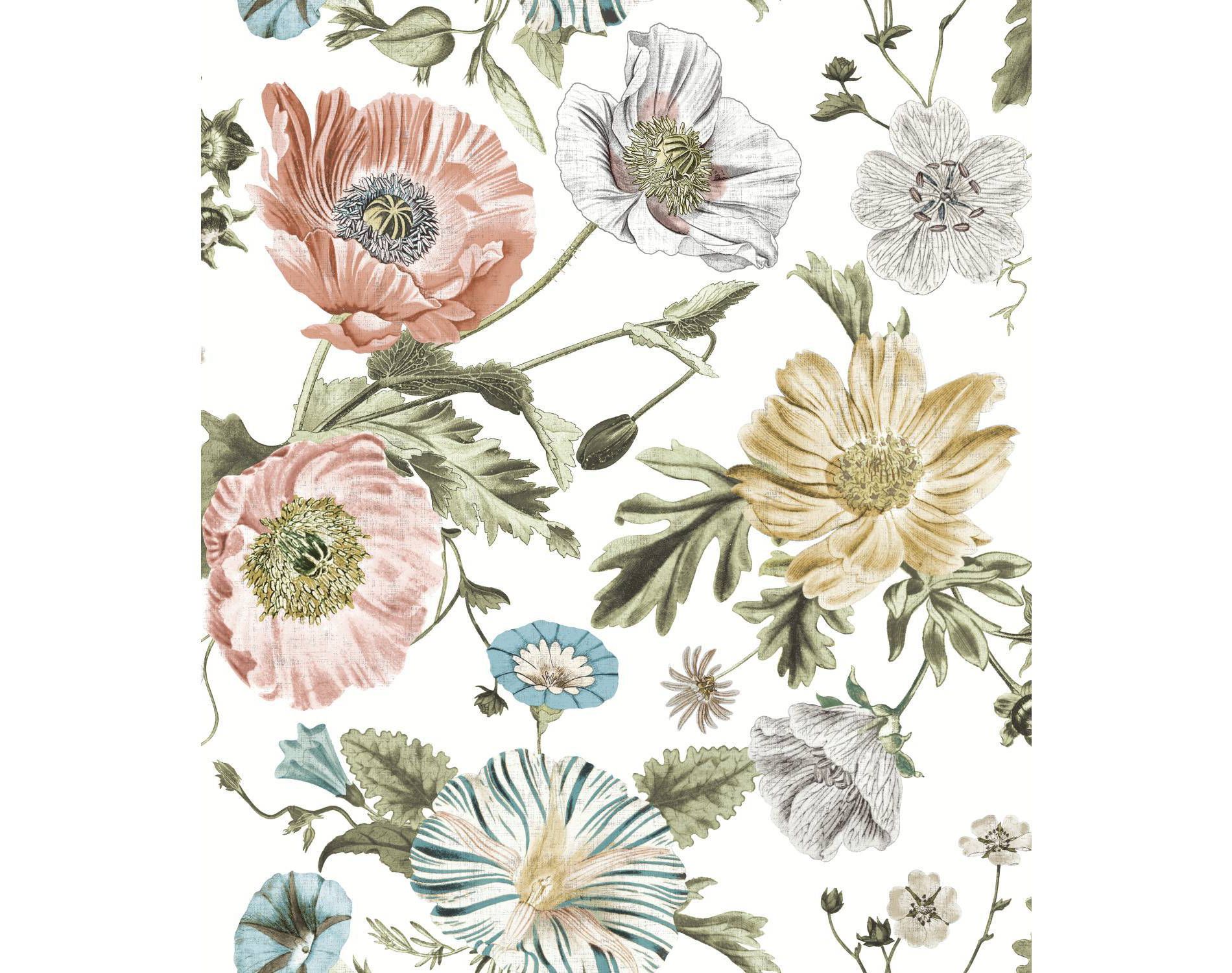 RoomMates Vintage Poppy Peel & Stick Wallpaper: Removable Botanical Floral, Self-Adhesive, 30.75 Sq Ft Coverage