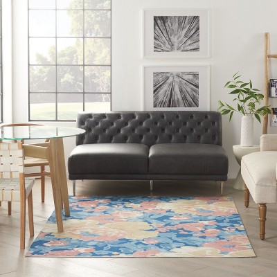 Handmade Blue Floral Synthetic 5' x 7' Rectangular Rug