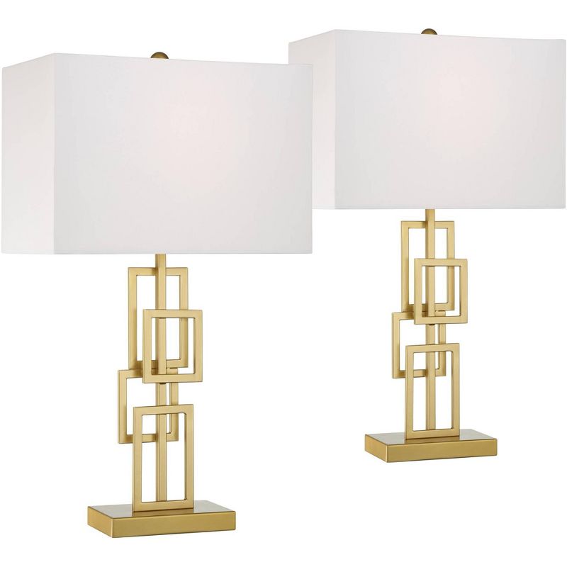 360 Lighting Gale Modern Mid Century Table Lamps 26" High Set of 2 Brushed Gold Grid Metal White Shade for Bedroom Living Room Bedside Nightstand Kids, 1 of 9