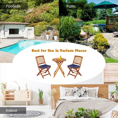 3-Piece Folding Acacia Wood Patio Bistro Set with Navy Cushions