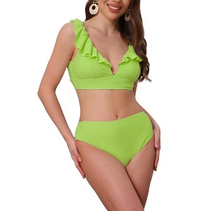 INSPIRE CHIC Women's Ruffle Trim V Neck Wide Strap Leopard Bikini Sets, Drawstring Tie Back Top Triangle Bottom 1 Set - 1 of 4