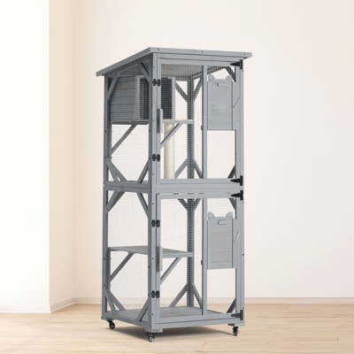 Catio Outdoor Cat Enclosure, 66.5" Wooden Cat Playen Catio with Wheels, Large Pet House with Platforms and Resting Box, Feral Animal Shelter