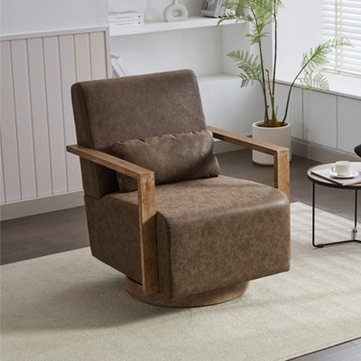 Hrinhom Swivel Armchair,Modern Faux Leather Upholstered Accent Chair with Wood Armrests