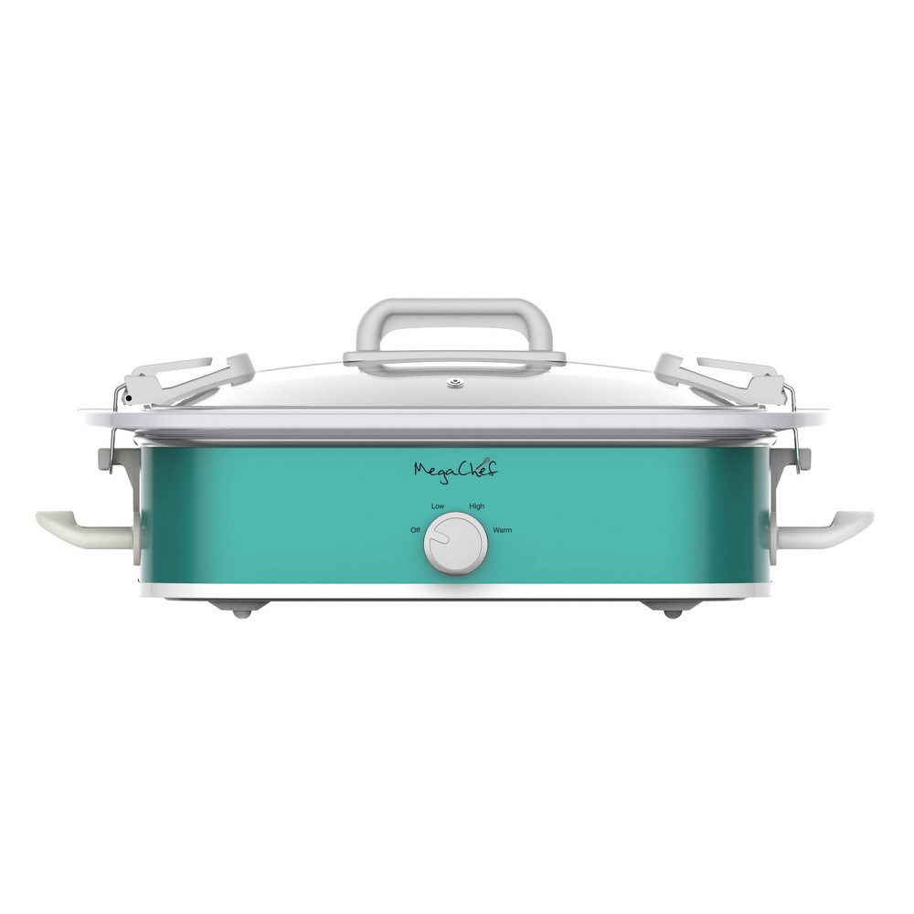 MegaChef 3.5 Quart Casserole Slow Cooker with 3 Temperature Settings: Turquoise Stoneware, Dishwasher-Safe, Locking Lid