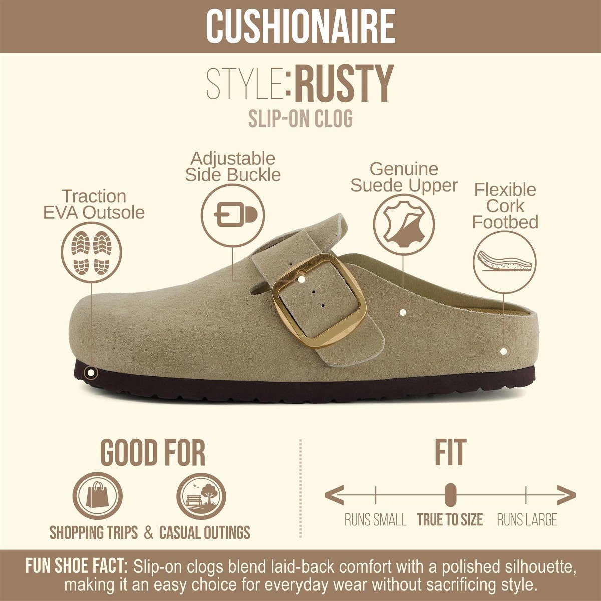 Женские сабо CUSHIONAIRE Rusty Genuine Leather Clogs for Women, Comfortable Slip On Womens Shoes with Adjustable Buckle and Soft Memory Foam, Beige 6 — фото 2