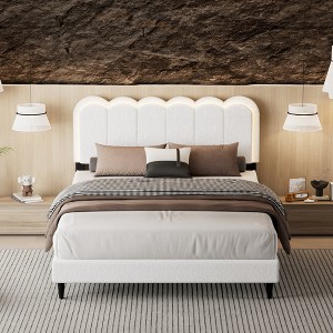 ORRD Queen Bed Frame with Lambswool Petal Headboard & Atmosphere Light, Cream Upholstered Soft Bed - 1 of 4