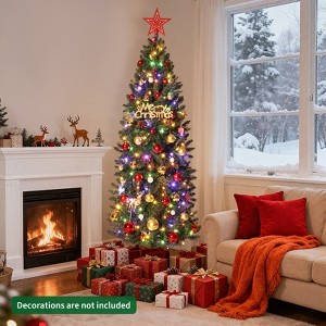 6 Ft Pre-Lit Pencil Christmas Tree with 250 Colorful LED Lights, 8 Lighting Modes, 571 Tips, Xmas Tree, Green - 1 of 4