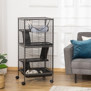 PawHut 4-Tier Metal Small Animal Cage with Wheels, Hammock & Removable Tray, Large Ferret, Chinchilla & Sugar Glider Cage, Gray - Nertpow - 1 of 4