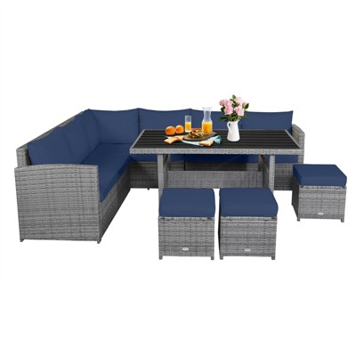 Tangkula Outdoor Wicker Coversation Set, 7 Piece, with Red/Turquoise/White/Black/Navy/Gray Cushions