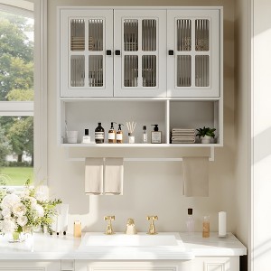 GDFStudio Kaelith 34.65'' Modern Rubberwood Bathroom Wall Cabinet with 3 Glass Doors, Storage Compartments and Towel Bar - 1 of 4