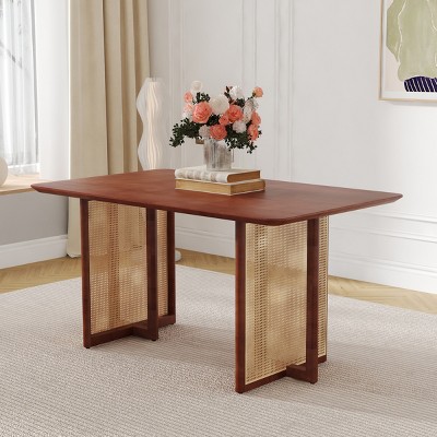 FURNIinspire Dining Tables Country Retro Wood Dining Room Table, Modern Rattan Dining Table, Multifunctional Table, Walnut Brown, 59"*35.4"*30"