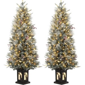 4.5FT Pre-Lit Snow Flocked Artificial Pine Tree, 8 Mode Warm White Settings, Mini Tree - 1 of 4