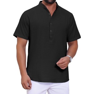 INSPIRE CHIC Men's Casual Henley Band Collar Short Sleeve Summer Linen Shirts - 1 of 4