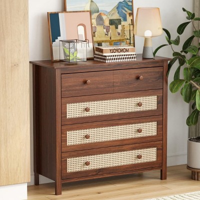 Modern Versatile Storage Cabinet with 4 Drawers and Faux Rattan Doors, Accent Cabinet Sideboard for Kitchen, Bedroom, Living Room, Hallway-Tanpinhause