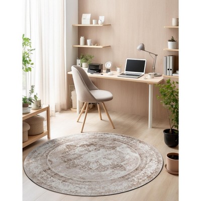 Beige and Brown Round Synthetic Easy Care Rug