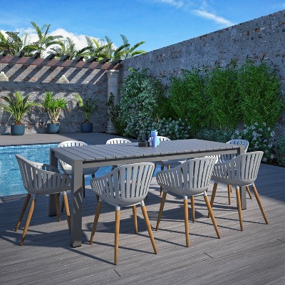 Halesworth 9pc Aluminum Patio Dining Set with Rectangular Table & Light Teak Chairs - Amazonia