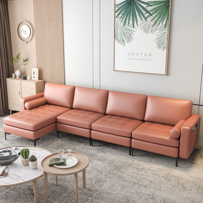 Costway Modular L-shaped Sectional Sofa with  Reversible Chaise & 4 USB Ports Coral Pink/Grey, 3 of 11