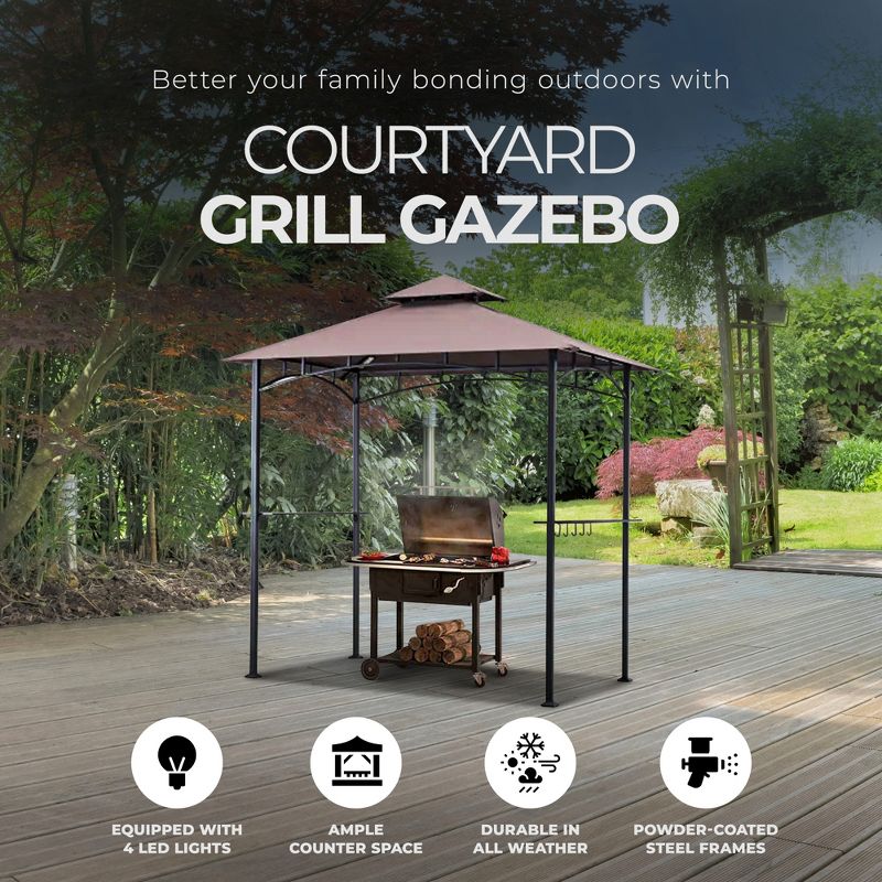 Four Seasons Courtyard Grill Gazebo With LED Lights, 2 Glass Shelves, and Durable Powder Coated Steel Frame for Backyard Lawn and Outdoor Use, Brown, 3 of 8