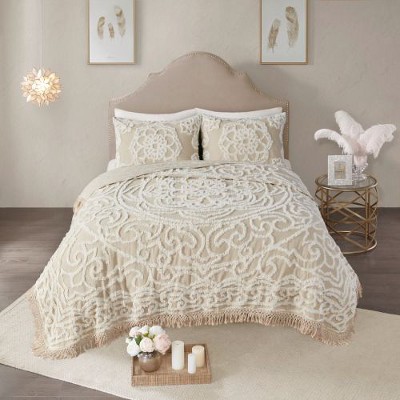 Sapphtopaz Full/Queen Sheet Set, Tufted Cotton Chenille Medallion Fringe Coverlet Mini Set, Boho Shabby Chic/Fringe Hem - Bedding with Shams