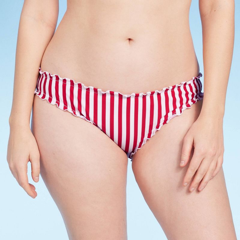 Women's Striped Ruffle Cheeky Bikini Bottom - Shade & Shore™ Red/White, 5 of 7