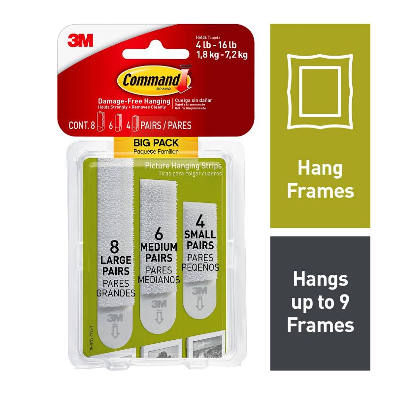 Command 8 Sets Large/6 Sets Medium/4 Sets Small Picture Hanging Strips Big Pack White, 3 of 22