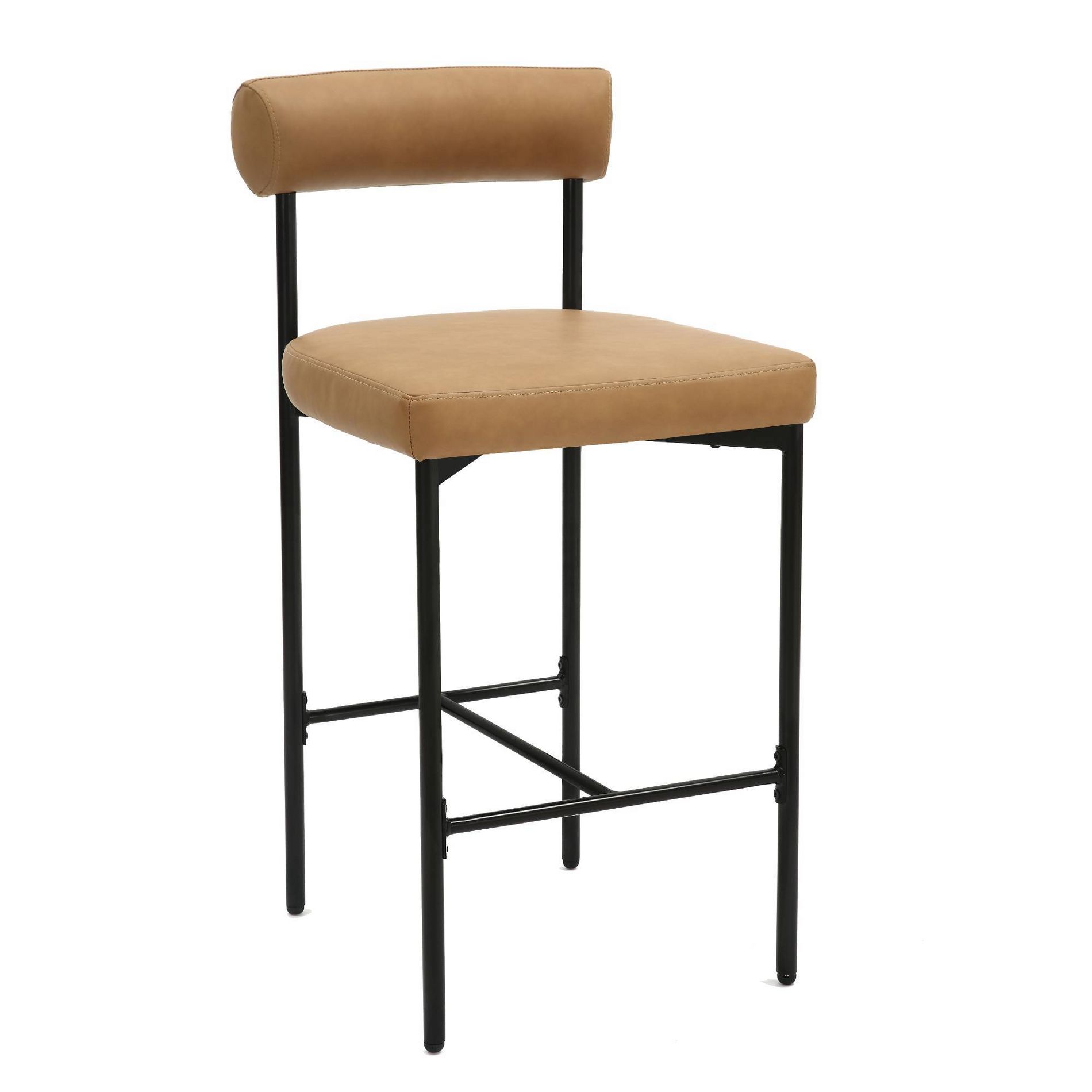 Metal Upholstered Counter Height Barstool with Back Light Brown - Nathan James: Vegan Leather, Mid-Century Design