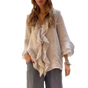 Coolmee Women's 3/4  Sleeve Tops Dressy Casual Ruffle V Neck Button Down Shirts Fall Outfits Vintage Work Shirts - 1 of 3