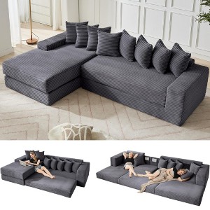 Left-Facing L-Shaped Sectional Sofa, Convertible Floor Sleeper Sofa Bed with 8 Pillows & Side Pocket, Corduroy Modular 3-in-1 Sofa, No Assembly - 1 of 4