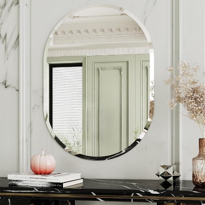 Oval Frameless Bathroom Mirror with Beveled Edge, Decorative Wall Mirror for Vanity and Bathroom