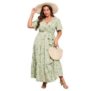 Plus Size V-Neck Ruffle Sleeve Maxi Dress - Floral Print & Solid Color Wrap-Style  Casual Dress with Belt for Women Green 3X : Target