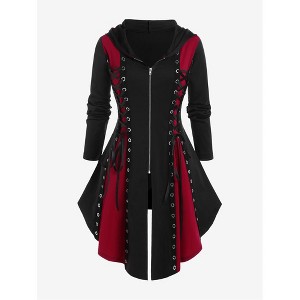Women's Hooded Color Block Midi Dress Gothic Halloween Festival Gown Lace - Up Cosplay Evening Dress - 1 of 4