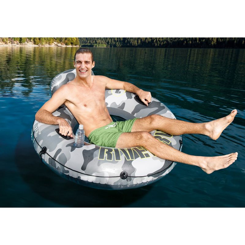 Intex 56835EP River Run I Camo Inflatable Floating Towable Water Tube Raft with Cup Holders and Handles for River, Lake or Pools, Gray Camo, 4 of 8