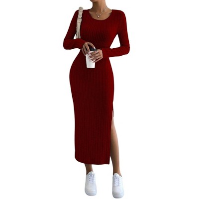 Coolmee Womens Sweater Maxi Dress Long Sleeve High Slit Knit Ribbed Crew Neck Slim Fit Casaul Long Dresses