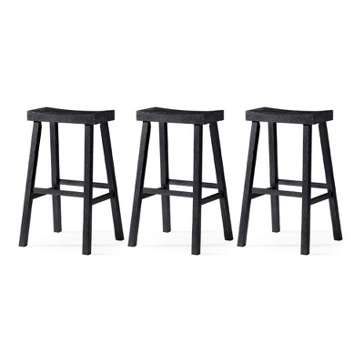 Maven Lane Vincent Backless Rectangular Saddle Kitchen Stool with Rustic Wood Top Seat, Set of 3