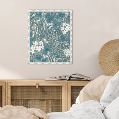 Teal and White Floral Botanical Canvas Wall Art with White Frame, 16x20