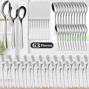 63-Piece Flatware Set for 12, Stainless Steel Retro Silverware with Vintage Baroque Design, Mirror Finish & Dishwasher Safe - 1 of 4