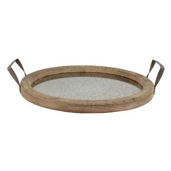 14" Round Rustic Wooden Tray with Distressed Mirror Brown - Stonebriar Collection